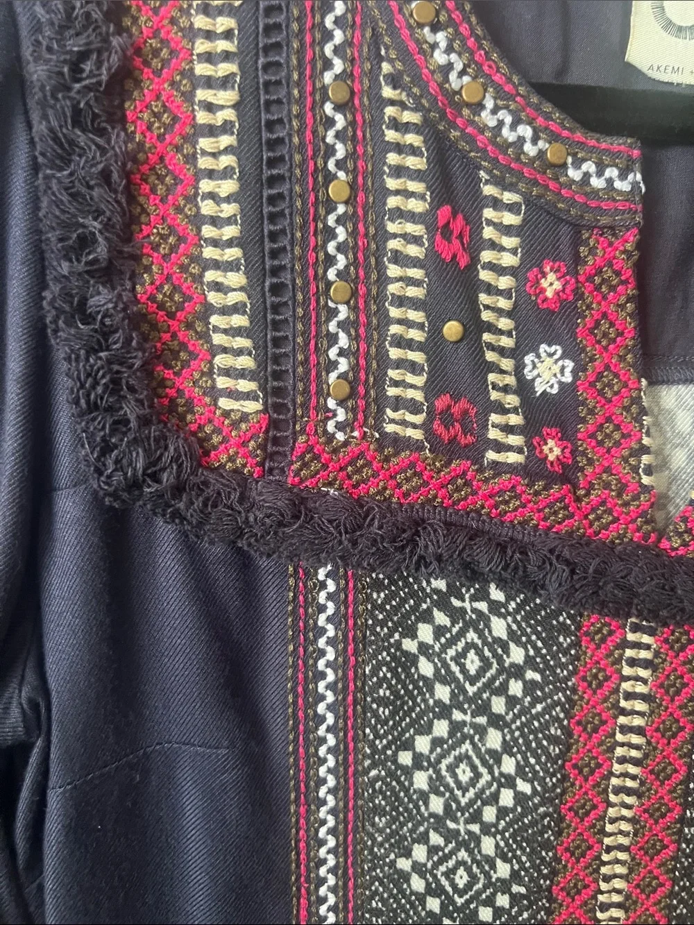 Akemi + Kin Anthropologie Embroidered Boho Shift Dress Navy Fringe Size 6